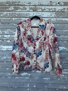 Coldwater Creek Floral Button-Up Jacket in Cream, Red & Blue Size XL